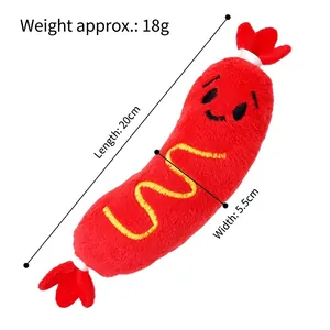 Vue détaillée du jouet peluche hot-dog avec dimensions 20cm de long et 5,5cm de large