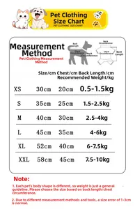 Detailed pet clothing size chart for small dogs and cats with measurement guide