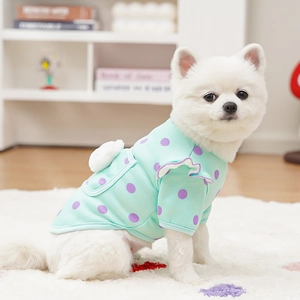 Detail of mint green pet shirt featuring purple polka dots and a fluffy bunny tail