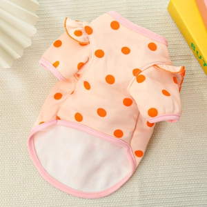 Close-up of pink dog shirt with orange polka dots and elegant ruffled shoulder detail