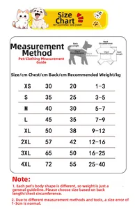 Detailed size chart for pet clothing showing chest and back length from XS to 4XL