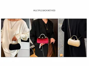 Three-way display of fashion box evening bag with chain strap and round metal handle