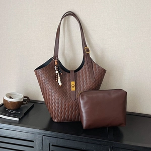 Mode Femmes Sac à Épaule Seau en Cuir PU Tissé Ensemble Tote Grande Capacité Et Pochette Intérieure Avec Charme Perlé Sac à Main Vintage Navette