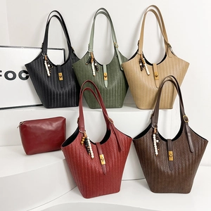Ensemble de sacs seau pour femmes en similicuir tressé avec perles en bois colorées