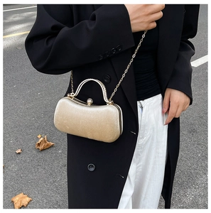 Detail of champagne velvet evening bag with gold handle and diamond clasp held by model