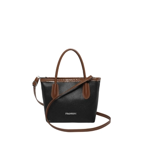 Contrast stitching bucket bag in black litchi pattern leather with brown top handle