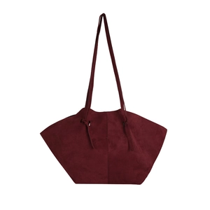 Vintage burgundy suede tote bag with tie-knot shoulder strap for women autumn winter fashion