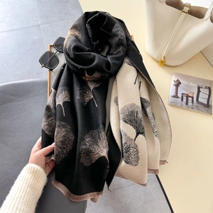 Elegant ginkgo leaf print reversible shawl scarf with fringe in black and beige