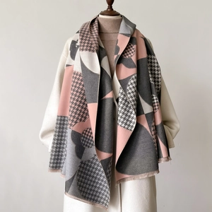 Écharpe Femme Imitation Cachemire Mode Pied De Poule Bloc De Couleur Châle Chaud Hiver Enveloppant Avec Glands Écharpe Rétro Géométrique
