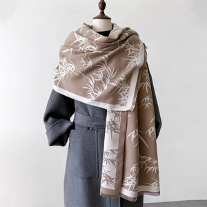 Vintage Bamboo Leaf Print Scarf Elegant Double Sided Pashmina Shawl Warm Cashmere Like Tassel Wrap For Women Winter Accessories