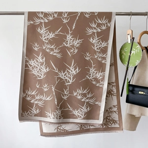 Vintage brown bamboo leaf print long scarf with tassels for winter warmth