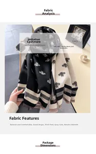 Detail of soft imitation cashmere scarf with bee embroidery and fringe tassel finish