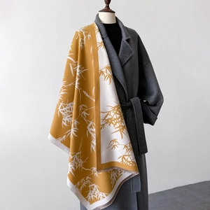 Vintage bamboo leaf print scarf in ginger yellow and beige with subtle fringe edges
