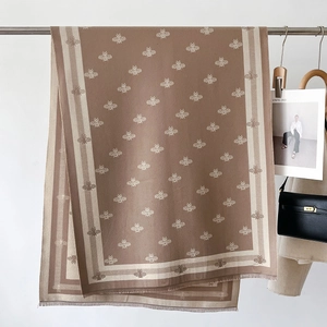 Fashionable brown and beige cashmere scarf with bee pattern and fringe tassels