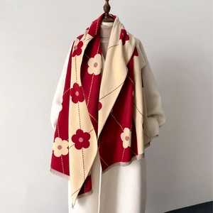 Elegant Winter Scarf Imitation Cashmere Warm Thick Shawl Floral Pattern Contrast Color Stylish Tassels Wrap