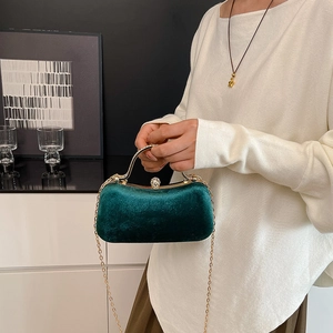Elegant dark green velvet box clutch with gold metal handle and chain strap for evening events