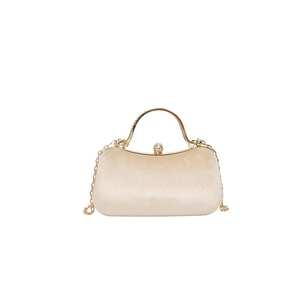 Elegant champagne velvet box clutch bag with gold handle and chain shoulder strap