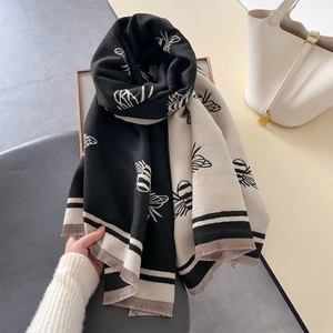 Thick winter cashmere-style scarf with bee patterns, stripes, and tassels for women