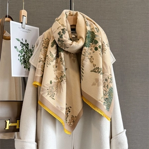 Vintage floral cashmere-feel scarf in beige with green botanical print and yellow tassels