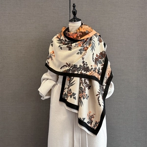 Women Vintage Botanical Floral Scarf Imitation Cashmere Thickened Warm Winter Shawl Large Tassel Wrap Fashion Accessories