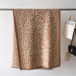 Detailed view of leopard print scarf featuring tassel edges and premium woven texture