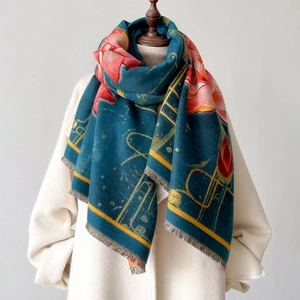 Elegant cashmere-feel thick scarf with lotus print and red flowers on deep teal base