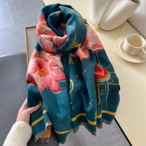 Elegant thick cashmere-like shawl with large lotus prints and tassels in dark green