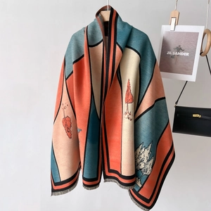 Thick patchwork shawl scarf with geometric pattern and tassels for autumn winter warmth