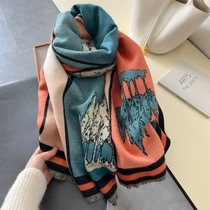 Fashionable color-block knit shawl with artistic tree patterns and tassels for winter warmth