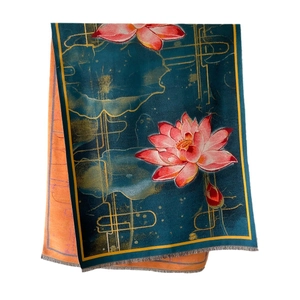 Elegant thick cashmere shawl with double-sided lotus print and orange lining with fringes