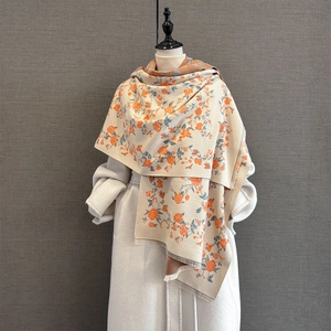 Winter floral scarf with orange rose prints on beige cashmere-feel thick shawl for women