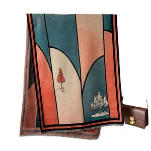 Artistic color block landscape shawl with tassels in orange and teal colors