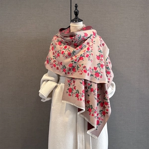 Winter Scarf Shawl Imitation Cashmere Thick Warm Rose Floral Print Tassel Double Sided Vintage Elegant For Women