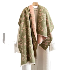 Elegant floral rose print pashmina shawl in olive green and pink with delicate fringes
