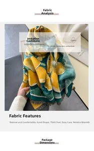 Detail view of floral thick yellow scarf featuring soft cashmere-like texture and gray tassels