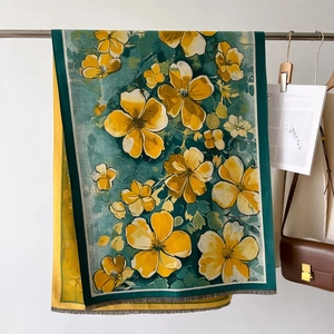 Floral print vintage shawl in dark green with yellow flowers and fringe details
