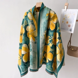 Floral print vintage cashmere-like warm shawl in dark green with yellow flowers