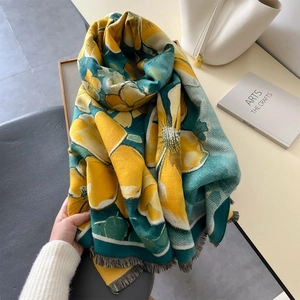 Thick vintage floral scarf in yellow and dark teal with elegant fringe details