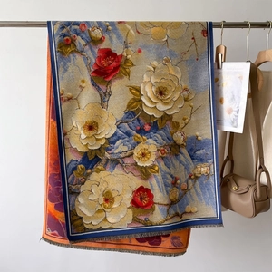 Écharpe épaisse en jacquard de camélia style peinture à l'huile pour automne hiver