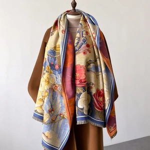 Écharpe Florale Style Peinture à l'Huile Vintage pour Femmes Imitation Cachemire Grand Châle Épais avec Glands Hiver Chaud