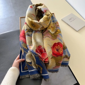 Écharpe épaisse en jacquard style peinture à l'huile avec fleurs et franges