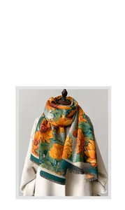 Close-up of soft knit thick winter scarf featuring large sunflower prints and fringed edges