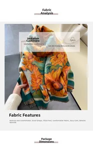 Detail of warm yellow and green floral cashmere-like scarf with soft texture and pattern