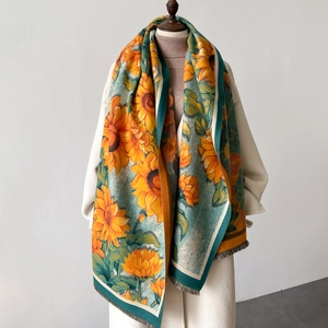 Sunflower Print Imitation Cashmere Scarf Shawl Thickened Warm French Elegant Fringes Winter Pashmina Wraps For Women