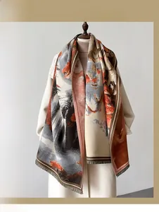 Detail of artistic landscape oil painting pattern on warm cashmere-like shawl with tassels