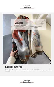 Detail of oil painting style cashmere-like shawl with fringe edges and soft texture