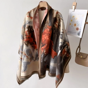 Artistic oil painting cashmere-feel shawl with warm orange hues and elegant fringe edges