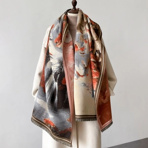 Landscape Oil Painting Shawl Scarf Faux Cashmere Warm Winter Wrap With Tassels Double Sided For Women Elegant