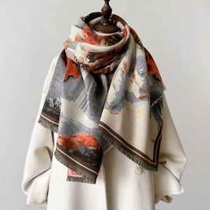 Landscape oil painting cashmere-feel shawl with fringe styled on a white coat