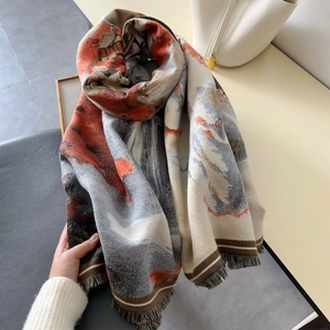 Artistic landscape oil painting double-sided cashmere-like shawl with elegant tassels